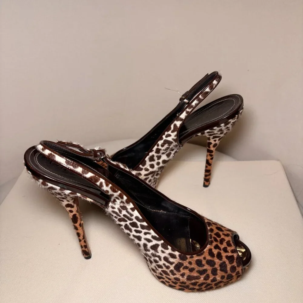 GUCCI Sofia Platform Peep Toe Slingback Pumps, Leopard Print Calf Hair, Sz 40